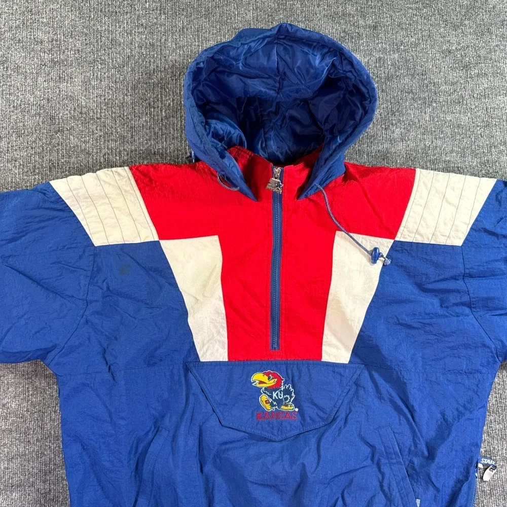 Vintage Starter Kansas Jayhawks Jacket Mens XL Blue‎ 90s Puffer Anorak KU NCAA